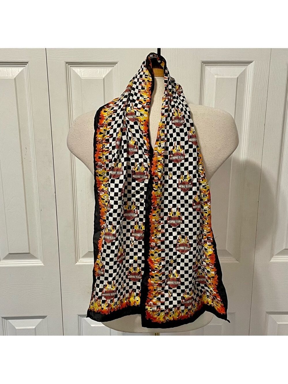 Harley-Davidson Black and White Checkered Flame Scarf Size 12” X 58”